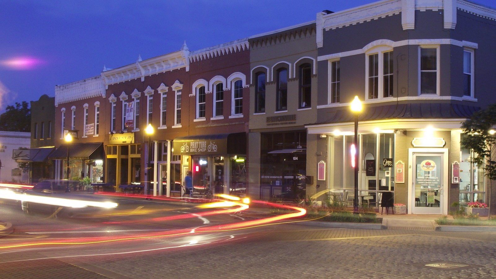 Historic downtown Bentonville streets at night